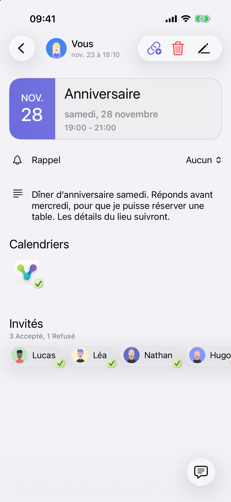 Le même événement Anniversaire après l’acceptation de Nathan. Sous Invités, le résumé indique 3 Accepté, 1 Refusé. Lucas, Léa et Nathan ont une coche. Hugo reste le dernier nom au bord droit. L’organisatrice apparaît toujours comme Vous et ne fait pas partie des 3 Accepté.
