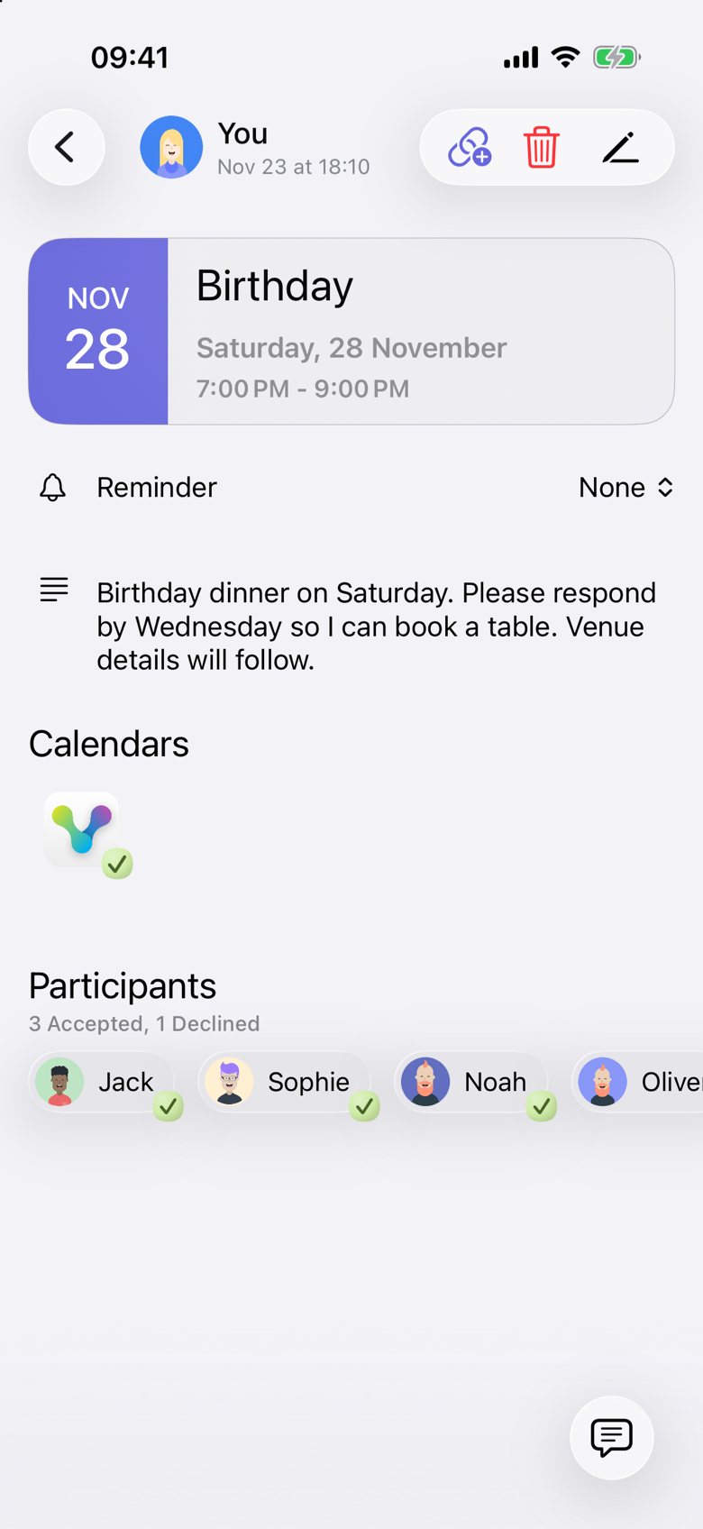 The same Birthday event after Noah accepts. Under Participants the summary reads 3 Accepted, 1 Declined. Jack, Sophie and Noah have checkmarks. Oliver remains the last name at the right edge. The organizer is still shown as You and is not part of the 3 Accepted count.