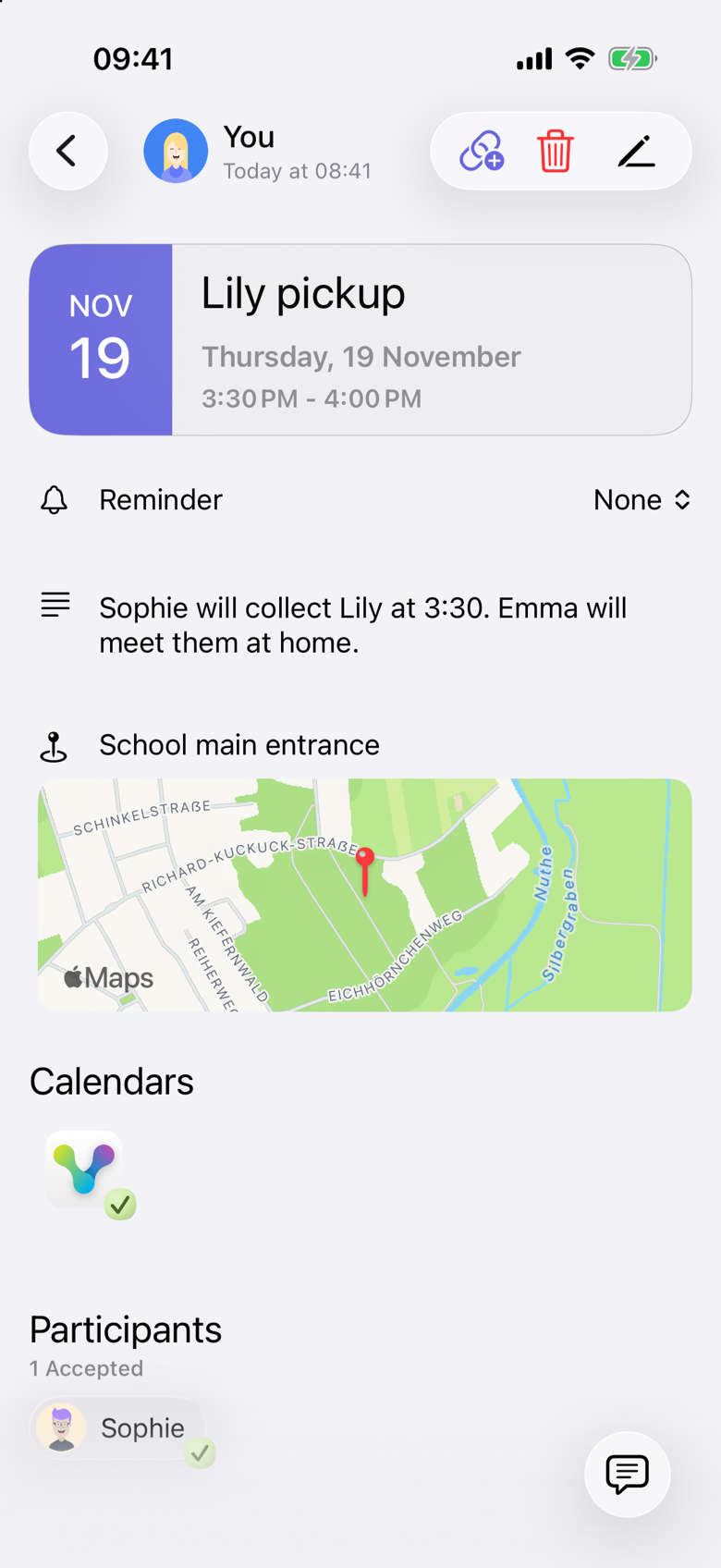 Lily pickup on Thursday 19 November, 3:30 PM to 4:00 PM. The note says Sophie will collect Lily at 3:30 and Emma will meet them at home. The location is School main entrance. Sophie is listed under Participants as accepted. The organizer is shown as You, and Reminder is None.