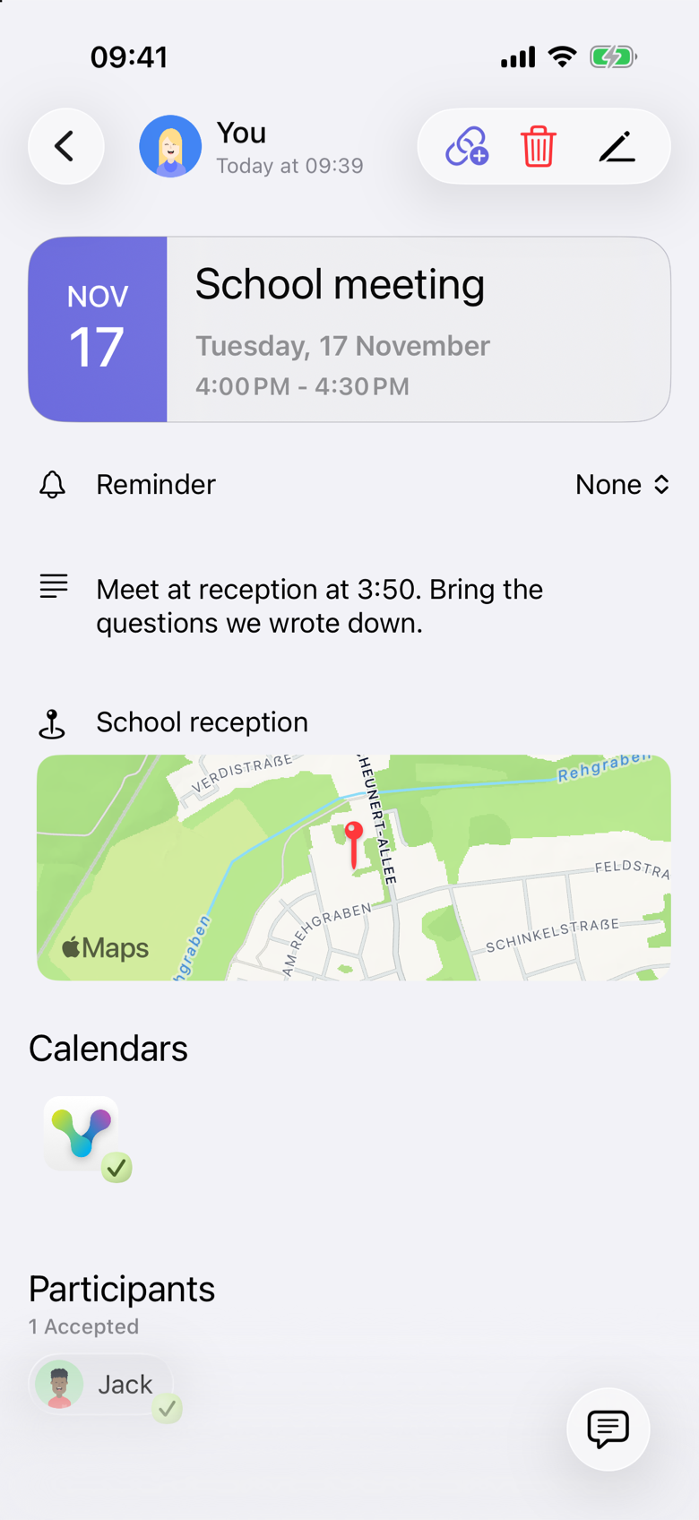 School meeting on Tuesday 17 November, 4:00 PM to 4:30 PM. The note says to meet at reception at 3:50 and bring the questions. The location is School reception. Jack is listed under Participants as accepted. The organizer is shown as You, and Reminder is None.
