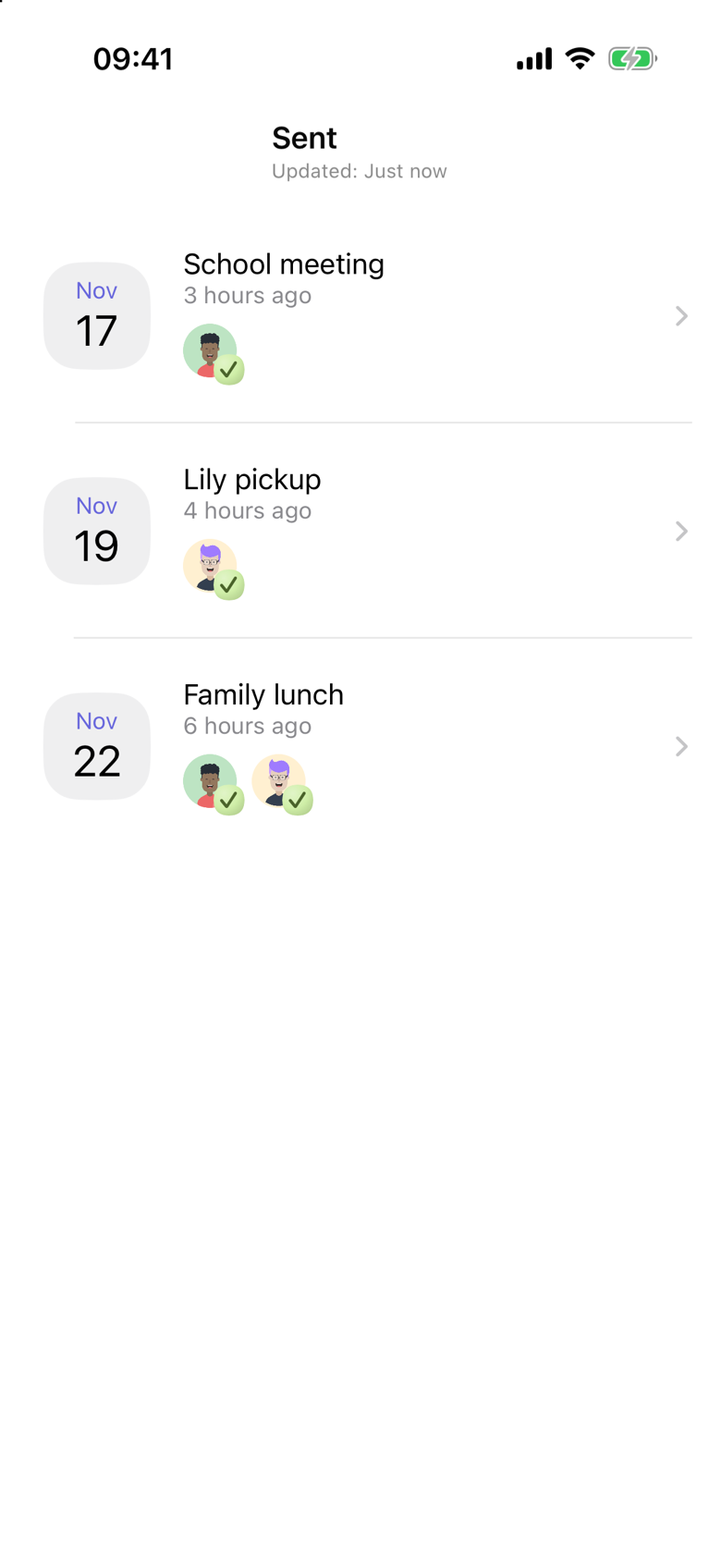 Sent events in VerbinderApp: School meeting on Nov 17, Lily pickup on Nov 19, and Family lunch on Nov 22. Each invited adult has a green check.