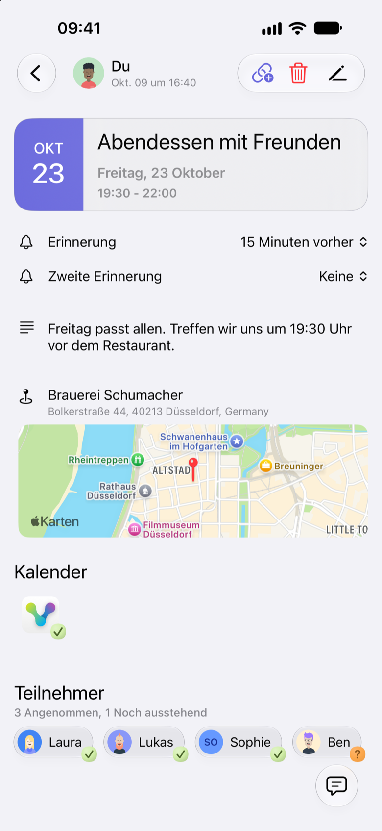 Ereignis „Abendessen mit Freunden“ am Freitag, 23. Oktober, 19:30 bis 22:00 Uhr in der Brauerei Schumacher. Laura, Lukas und Sophie haben zugesagt. Ben hat noch nicht geantwortet.