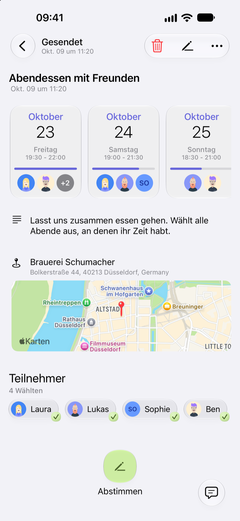 Zeitumfrage „Abendessen mit Freunden“. Freitag, 23. Oktober, 19:30 bis 22:00 Uhr, Samstag, 24. Oktober, 19:00 bis 21:30 Uhr und Sonntag, 25. Oktober, 18:30 bis 21:00 Uhr, mit den Personen, die jeden Abend gewählt haben. Alle vier Teilnehmer haben abgestimmt.
