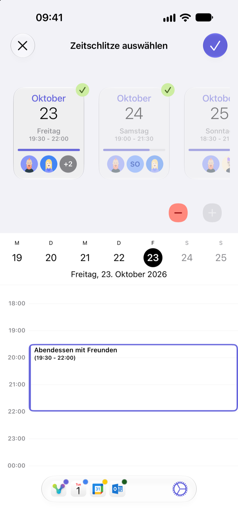 Zeitschlitze auswählen: Freitag, 23. Oktober und Samstag, 24. Oktober sind ausgewählt. Darunter steht der Freitag von 19:30 bis 22:00 Uhr im Kalender.