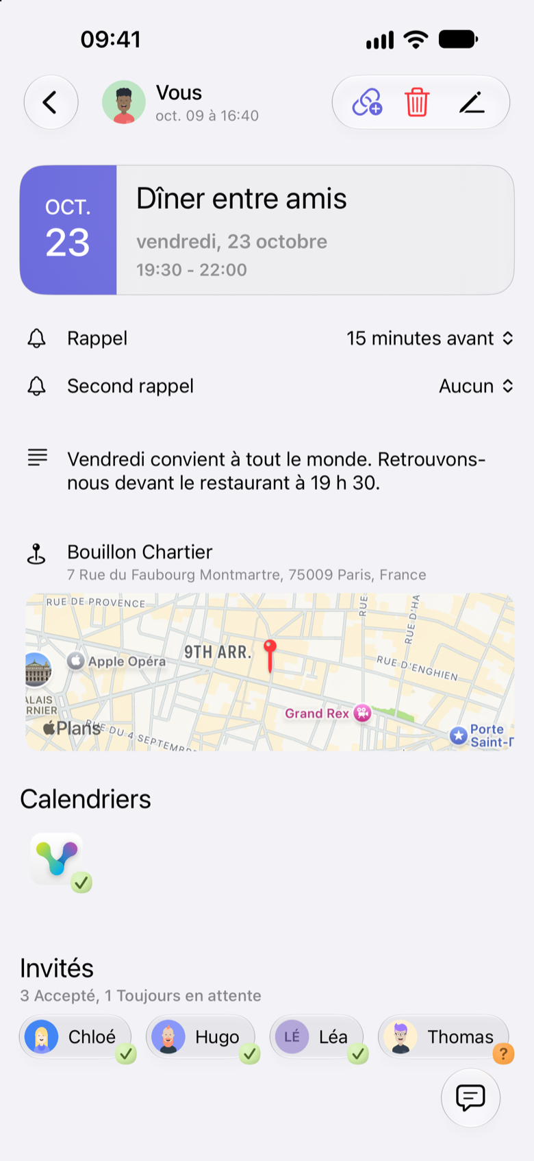 Événement « Dîner entre amis » le vendredi 23 octobre, de 19 h 30 à 22 h, au Bouillon Chartier. Chloé, Hugo et Léa ont accepté. Thomas n’a pas encore répondu.
