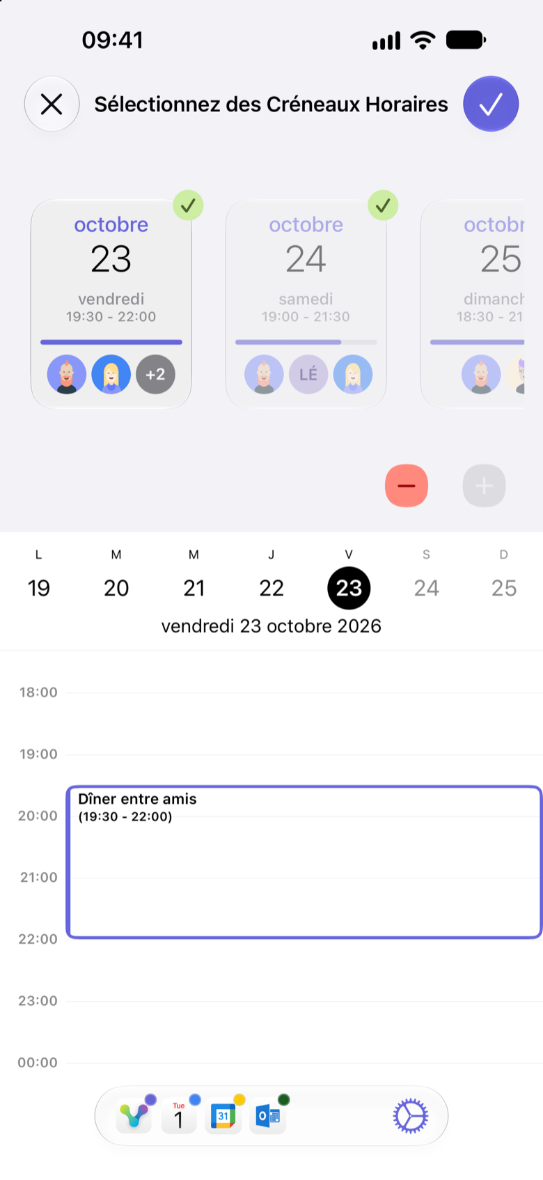 Écran de sélection des créneaux. Le vendredi 23 octobre et le samedi 24 octobre sont sélectionnés, et le vendredi de 19 h 30 à 22 h apparaît dans le calendrier en dessous.
