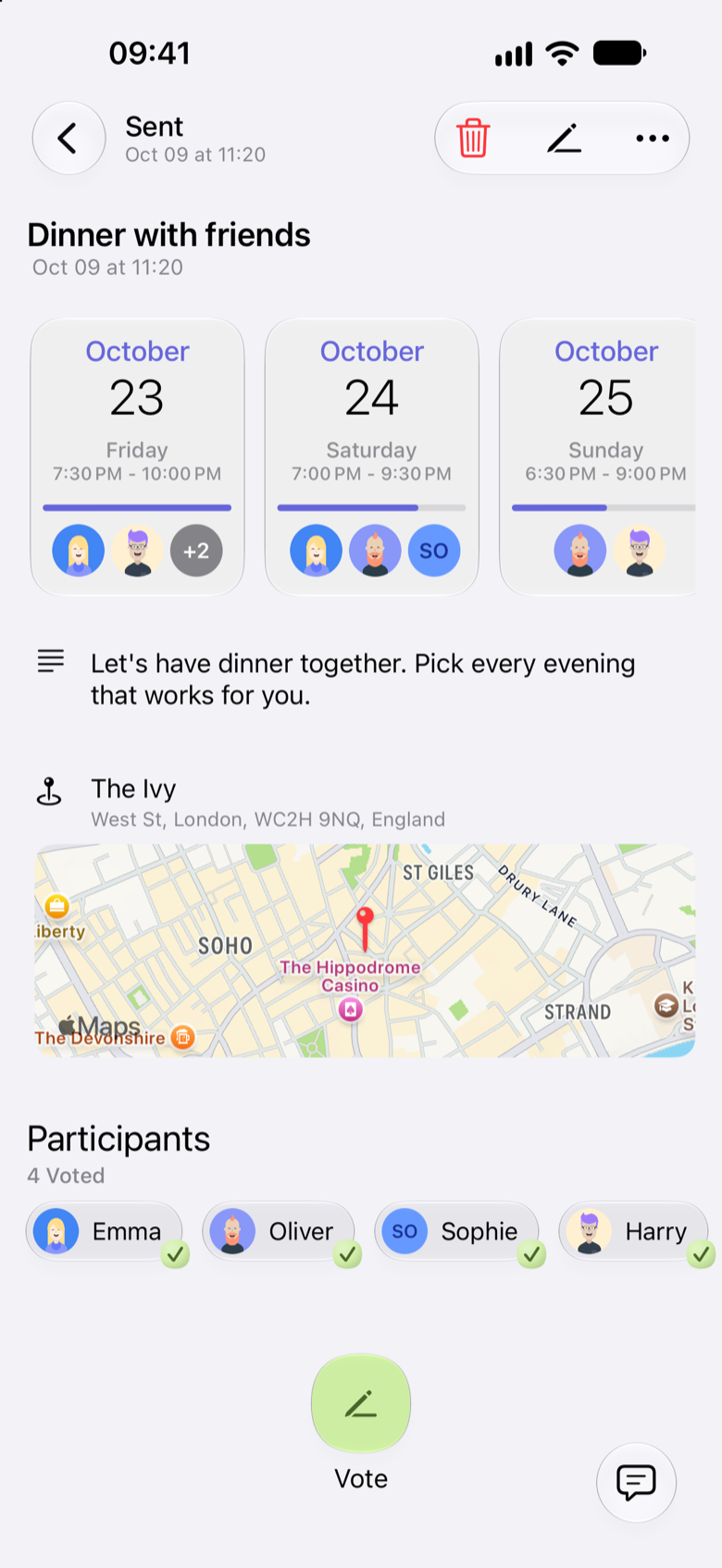 Dinner with friends time poll. Friday 23 October 7:30 to 10:00 pm, Saturday 24 October 7:00 to 9:30 pm and Sunday 25 October 6:30 to 9:00 pm, with the friends who selected each evening. All four participants have voted.
