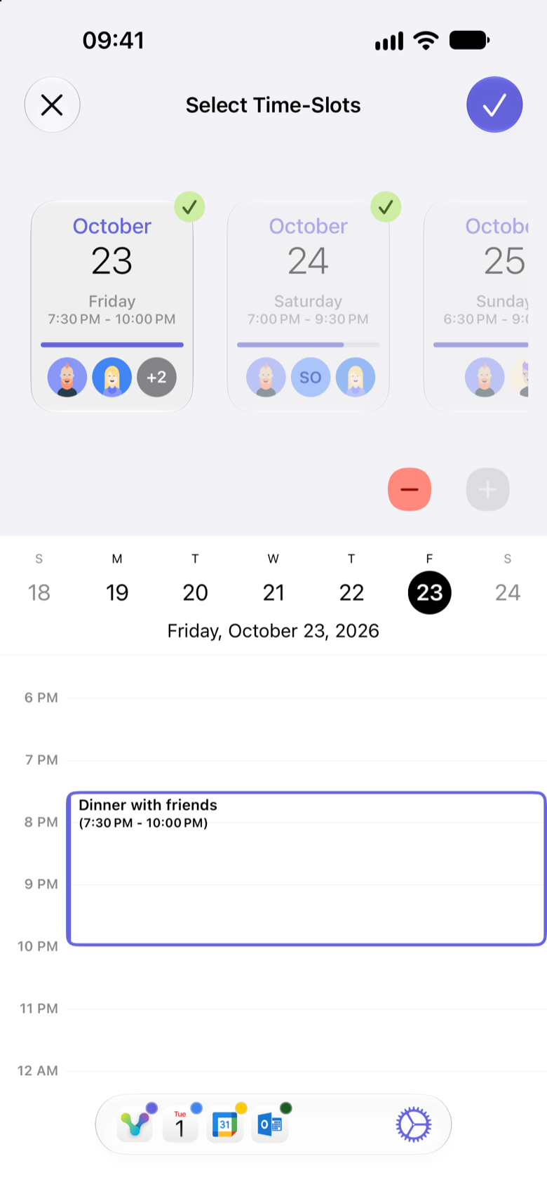 Select Time-Slots screen with Friday 23 October and Saturday 24 October selected, and Friday 7:30 to 10:00 pm shown on the calendar below.