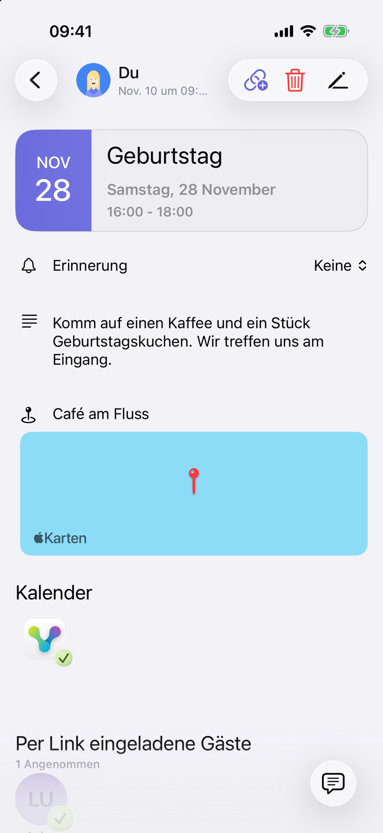 Das Ereignis Geburtstag in VerbinderApp. Der Ort heißt Café am Fluss. Unter Per Link eingeladene Gäste erscheint Lukas mit einer angenommenen Antwort. Er ist kein Kontakt.
