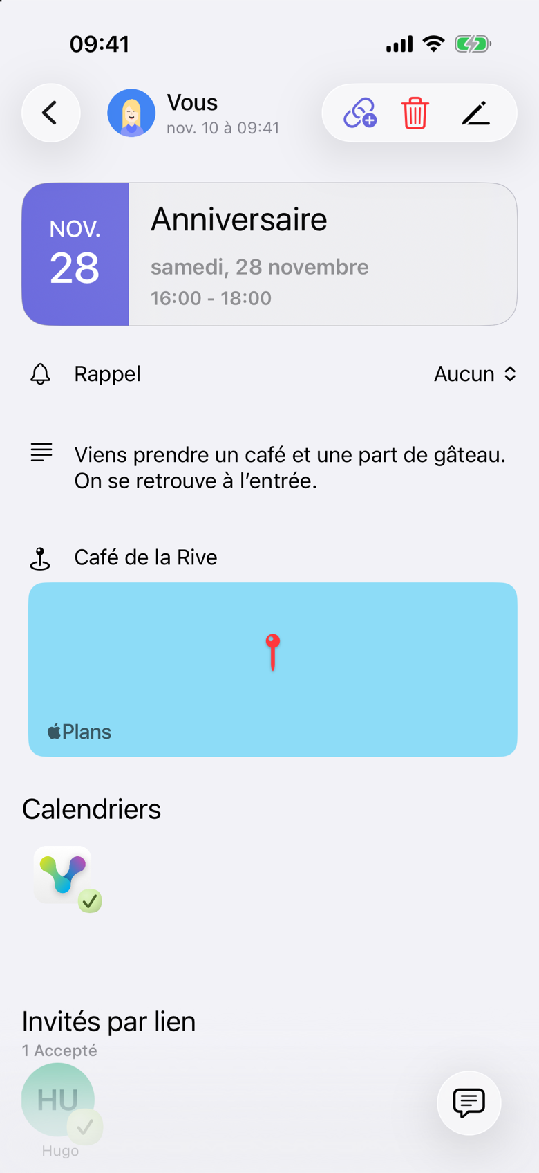 L’événement Anniversaire dans VerbinderApp. Le lieu indiqué est Café de la Rive. Sous Invités par lien, Hugo apparaît avec une réponse acceptée. Il n’est pas un contact.