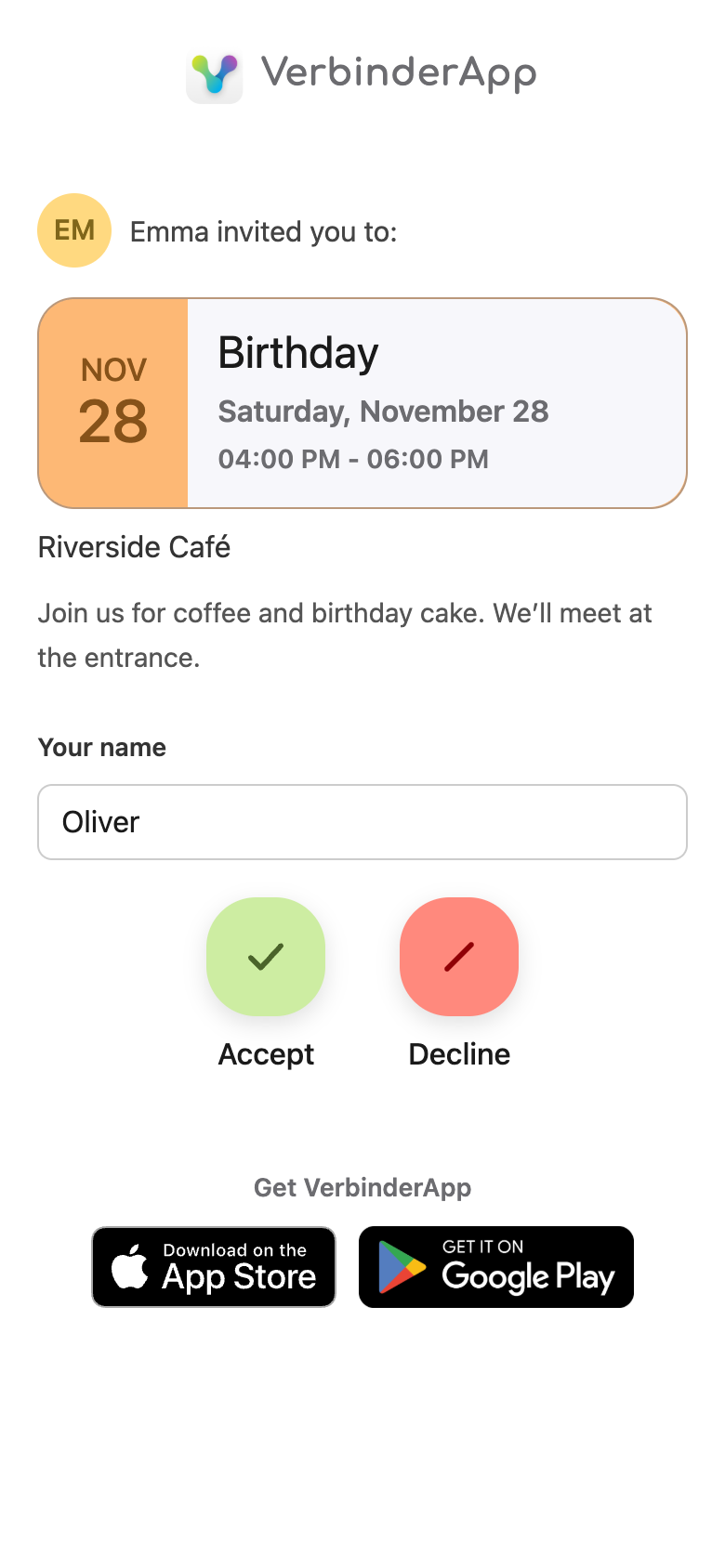 The invitation page in a browser. Emma invited you to Birthday on Saturday, November 28, 04:00 PM to 06:00 PM, at Riverside Café. Oliver is entered under Your name, with Accept and Decline below.