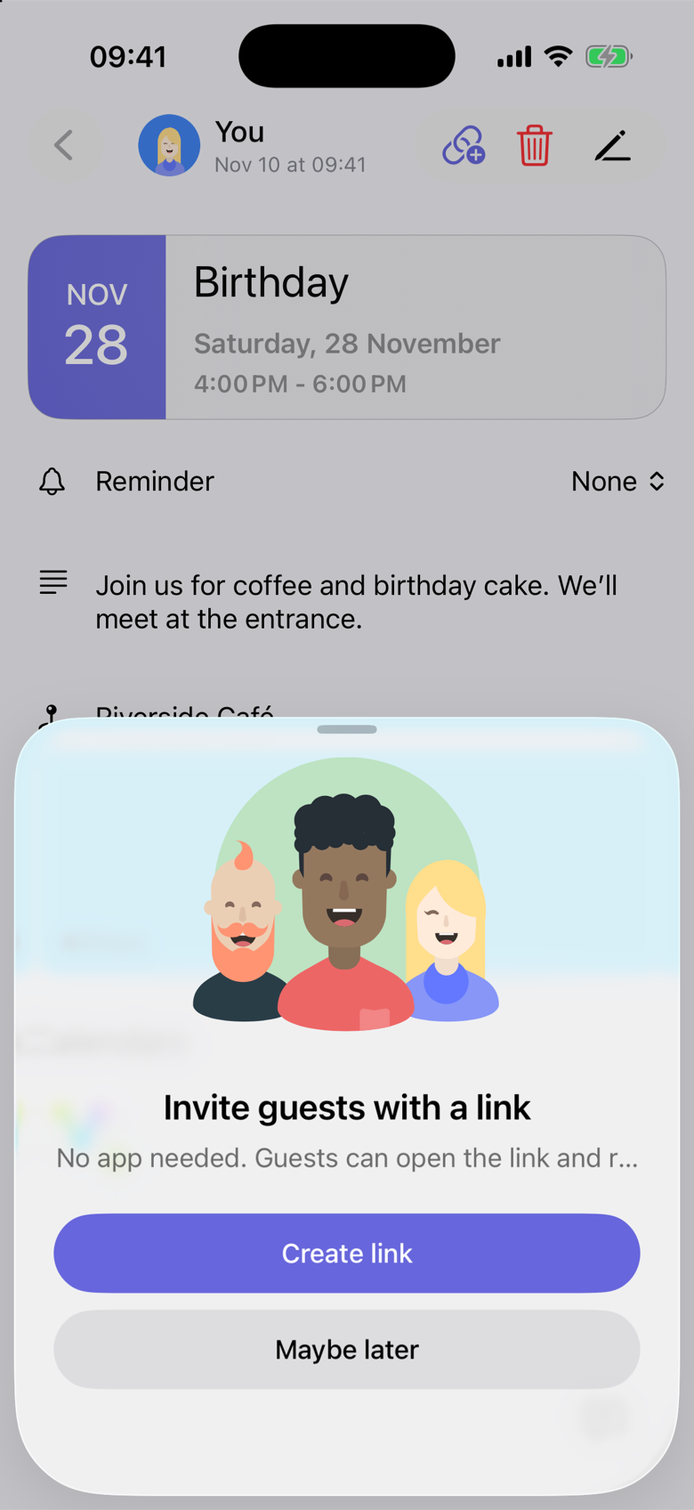 Birthday on Saturday, 28 November, 4:00 PM to 6:00 PM. A sheet titled Invite guests with a link is open, with Create link and Maybe later. The note starts Join us for coffee and birthday cake.
