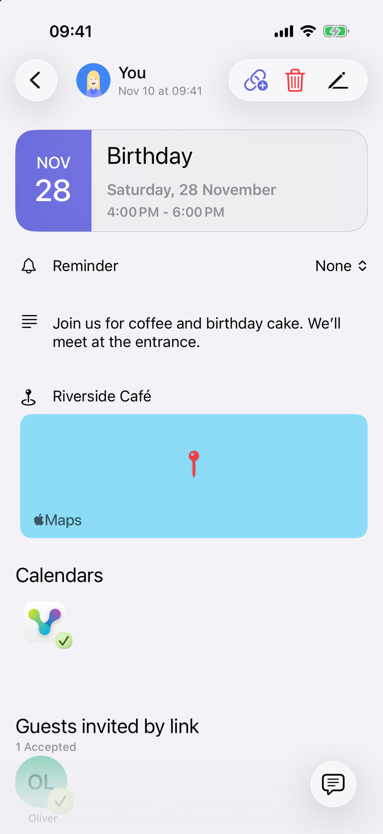 The Birthday event in VerbinderApp. The location label is Riverside Café. Under Guests invited by link, Oliver is shown with one accepted response. He is not listed as a contact.