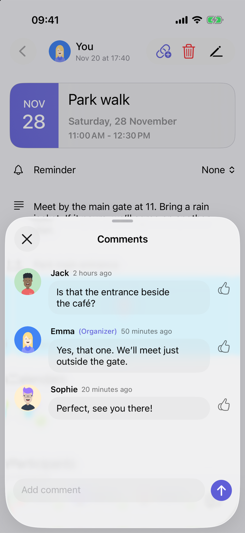 Comments on the Park walk event, with the Saturday 28 November title still visible behind the conversation. Jack asks, 2 hours ago: Is that the entrance beside the café? Emma, labeled Organizer, replies 50 minutes ago: Yes, that one. We’ll meet just outside the gate. Sophie says, 20 minutes ago: Perfect, see you there!