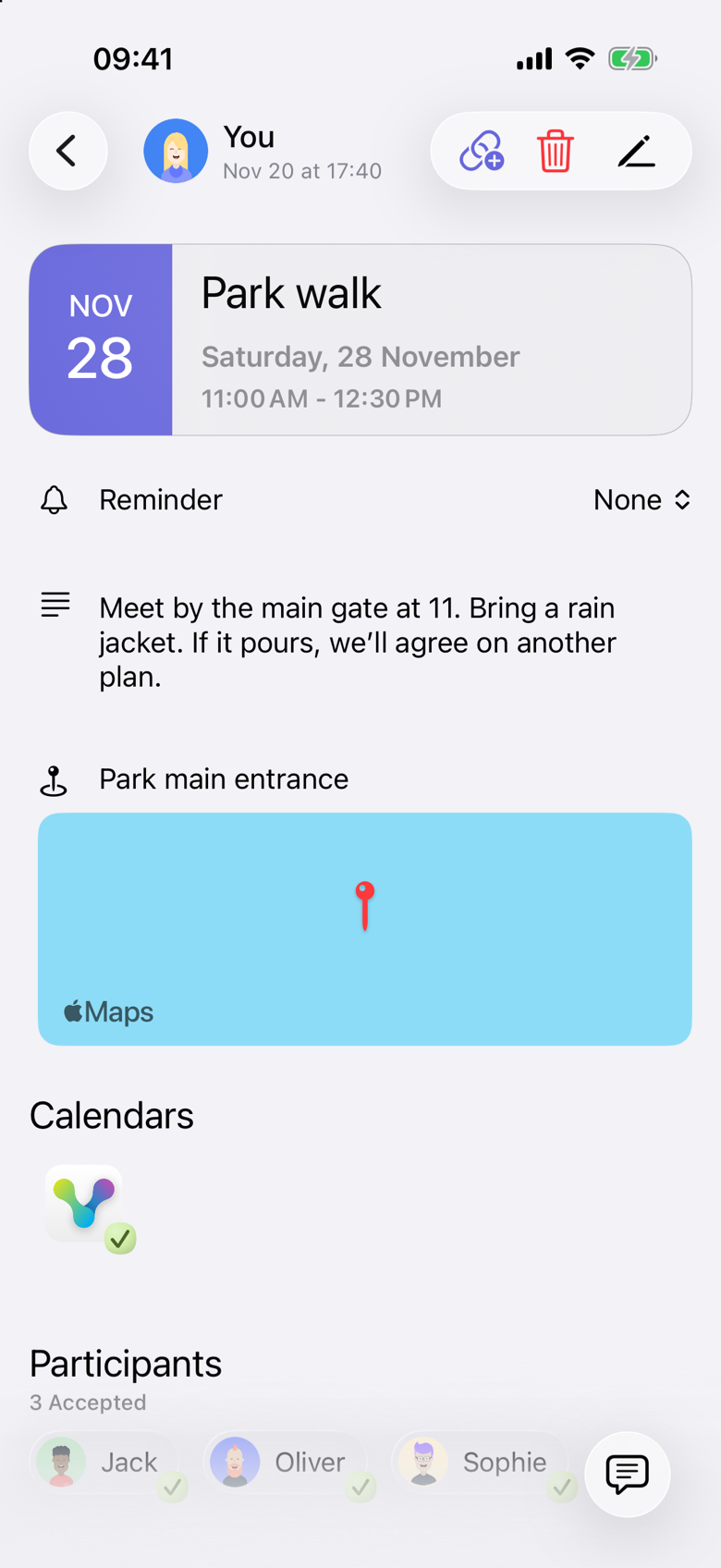 Park walk on Saturday, 28 November, 11:00 AM to 12:30 PM. The note says: Meet by the main gate at 11. Bring a rain jacket. If it pours, we’ll agree on another plan. The location is Park main entrance. Participants shows 3 Accepted: Jack, Oliver and Sophie. The organizer is shown as You.