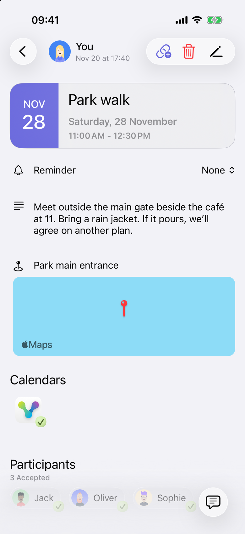 Park walk on Saturday, 28 November, 11:00 AM to 12:30 PM, after the note was edited. The note says: Meet outside the main gate beside the café at 11. Bring a rain jacket. If it pours, we’ll agree on another plan. The location is still Park main entrance, and Participants still shows 3 Accepted.