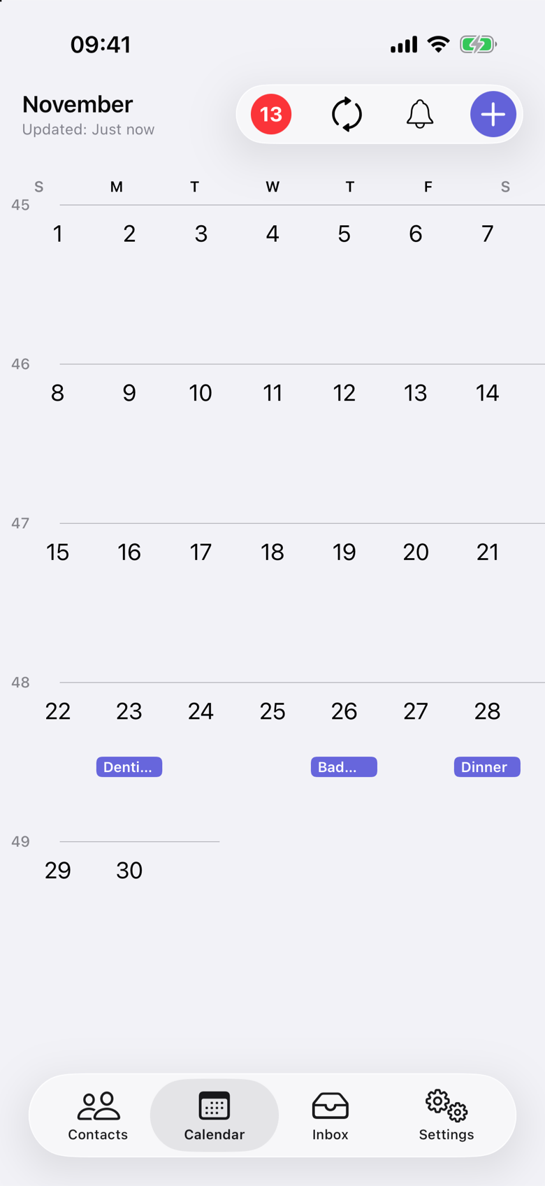 November calendar in VerbinderApp. Monday the 23rd shows a chip labeled Denti…, Thursday the 26th shows Bad…, and Saturday the 28th shows Dinner.