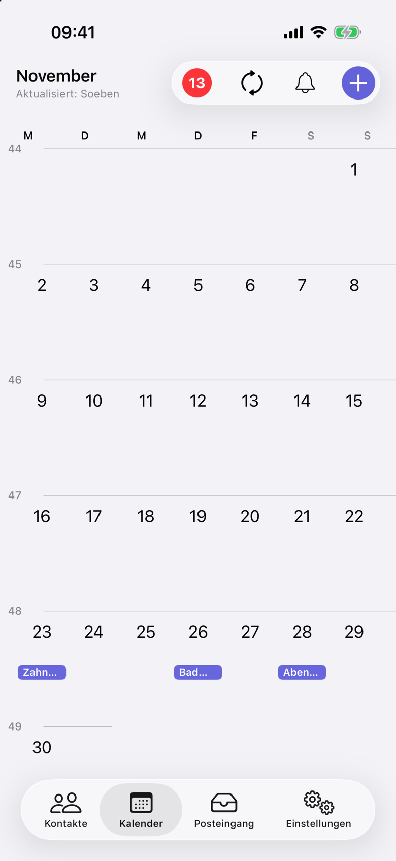 November-Kalender in VerbinderApp. Montag der 23. zeigt Zahn…, Donnerstag der 26. Bad… und Samstag der 28. Aben….