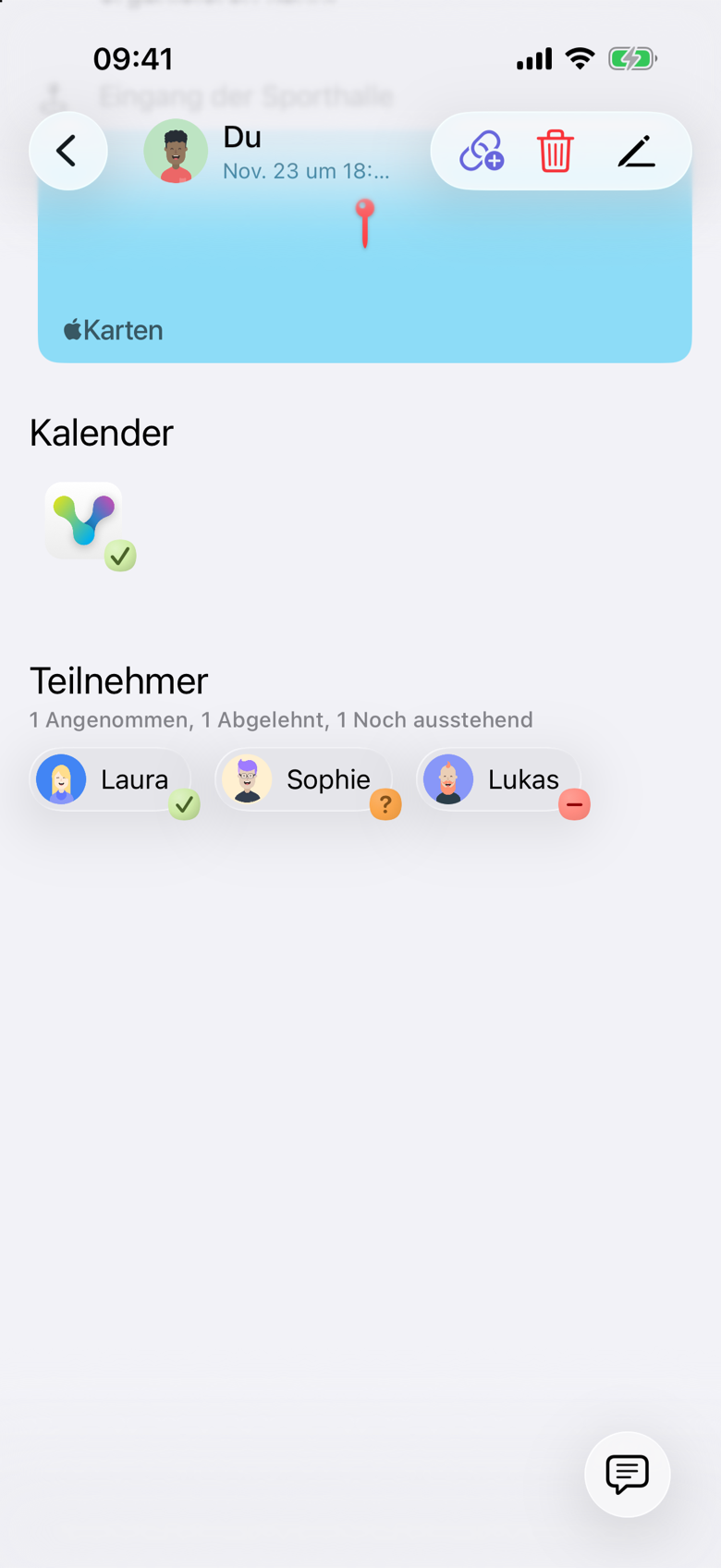 Teilnehmer beim Ereignis Badminton. Die Zusammenfassung lautet 1 Angenommen, 1 Abgelehnt, 1 Noch ausstehend. Laura hat ein Häkchen, Sophie ein Fragezeichen und Lukas ein Minus. Der Organisator erscheint als Du und zählt nicht mit.