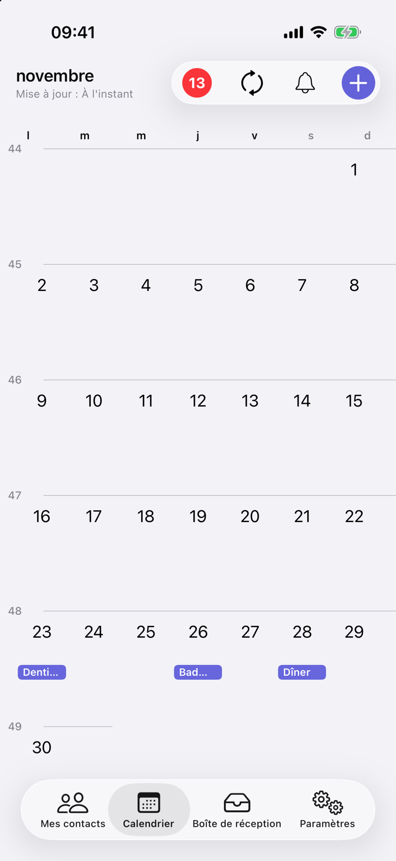 Calendrier de novembre dans VerbinderApp. Le lundi 23 montre Denti…, le jeudi 26 Bad… et le samedi 28 Dîner.