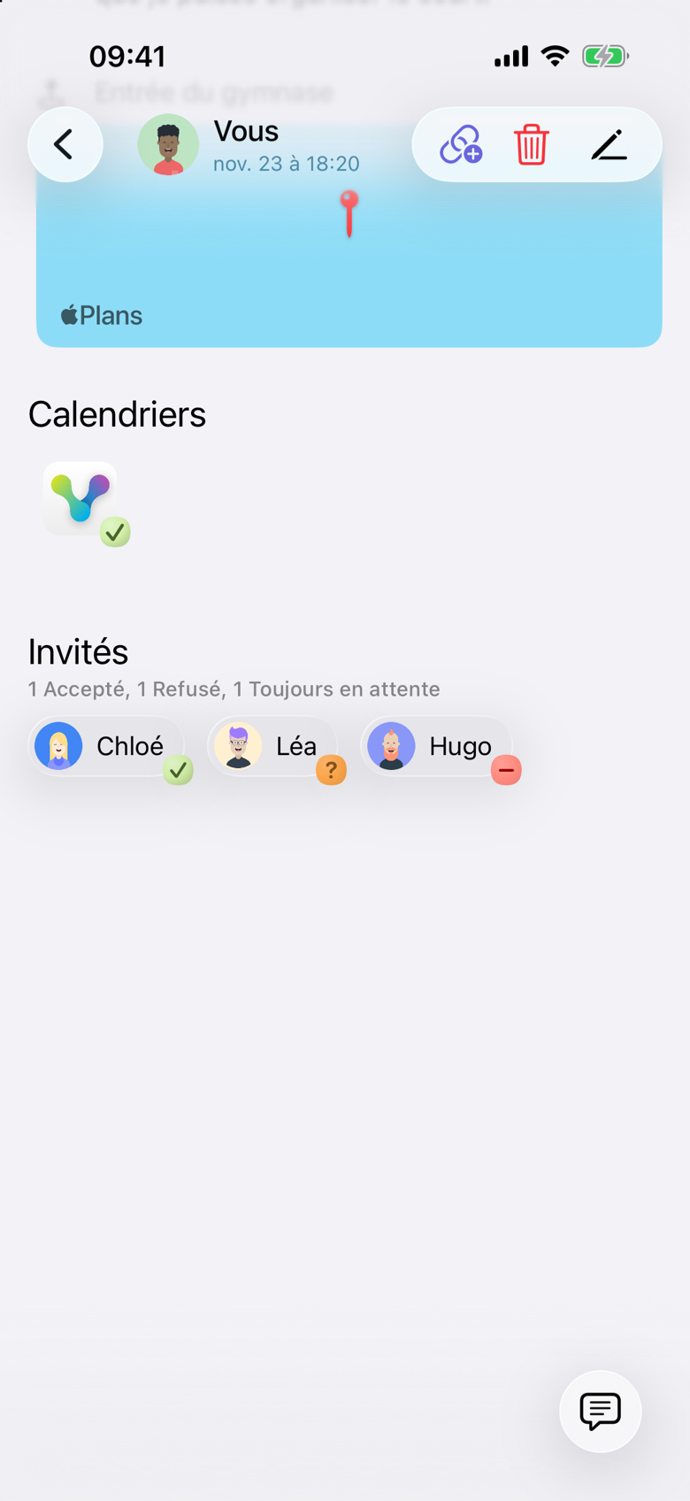 Invités de l’événement Badminton. Le résumé indique 1 Accepté, 1 Refusé, 1 Toujours en attente. Chloé a une coche, Léa un point d’interrogation et Hugo un signe moins. L’organisateur, affiché comme Vous, n’entre pas dans ces totaux.