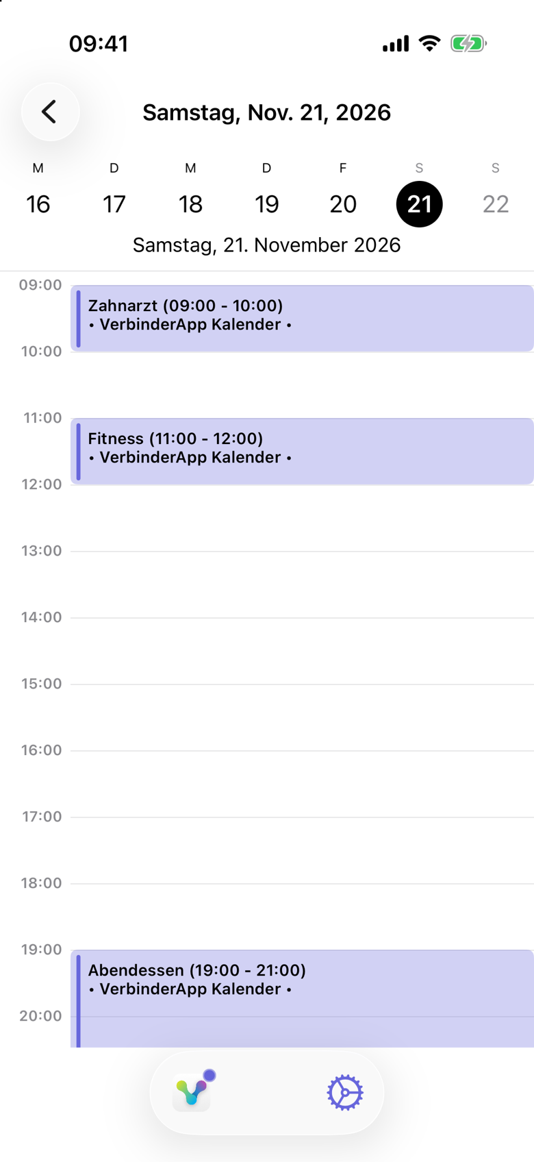 Samstag, 21. November 2026 in der Tagesansicht. Zahnarzt läuft von 09:00 bis 10:00, Fitness von 11:00 bis 12:00 und Abendessen von 19:00 bis 21:00. Jeder Block heißt VerbinderApp-Kalender und hat dieselbe Farbe.