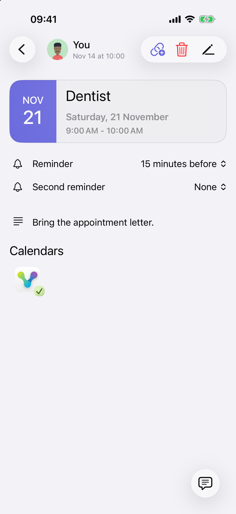 Dentist on Saturday, 21 November, from 9:00 AM to 10:00 AM. The note says Bring the appointment letter. Reminder is 15 minutes before. Under Calendars, one calendar has a check. There is no Participants section.
