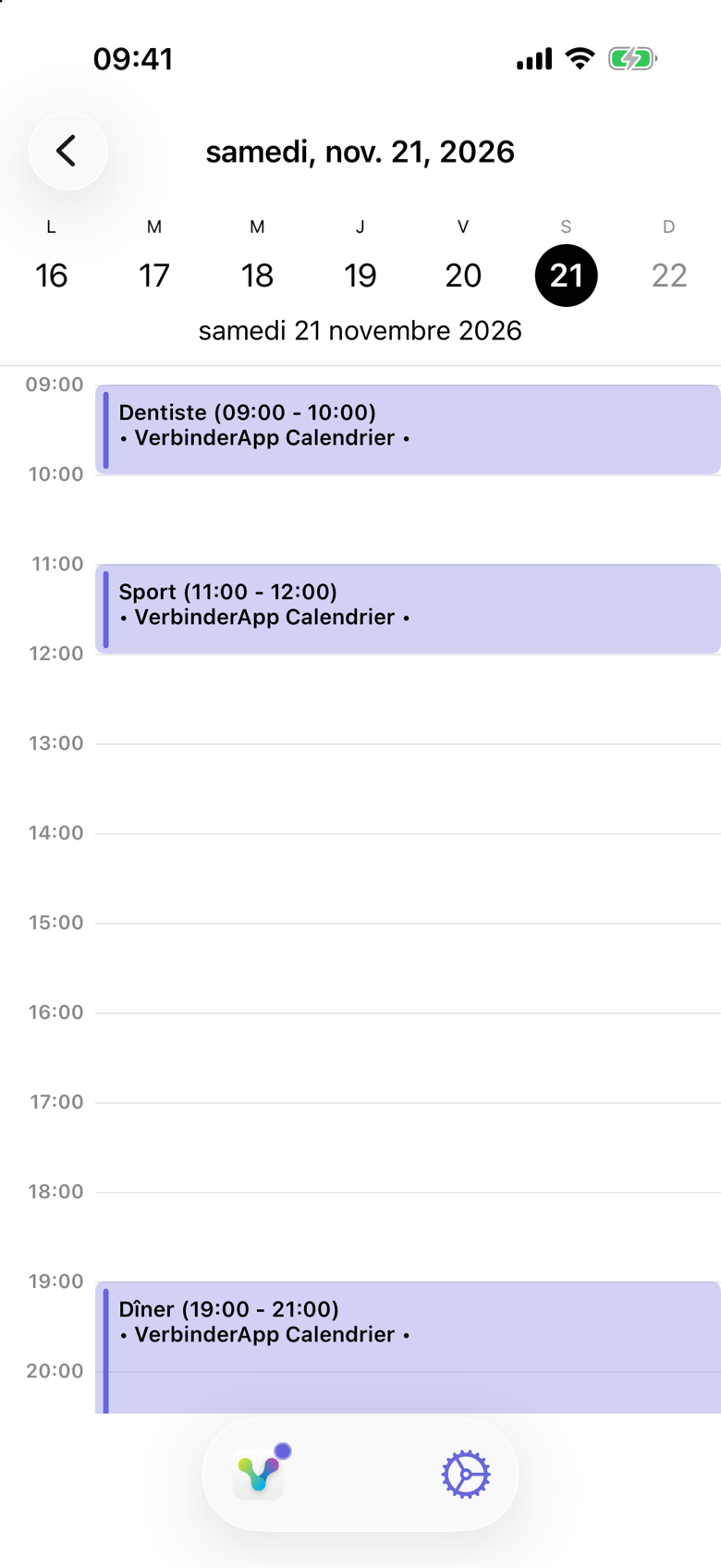 Samedi 21 novembre 2026 dans la vue du jour. Dentiste va de 09:00 à 10:00, Sport de 11:00 à 12:00 et Dîner de 19:00 à 21:00. Chaque bloc indique Calendrier VerbinderApp et utilise la même couleur.