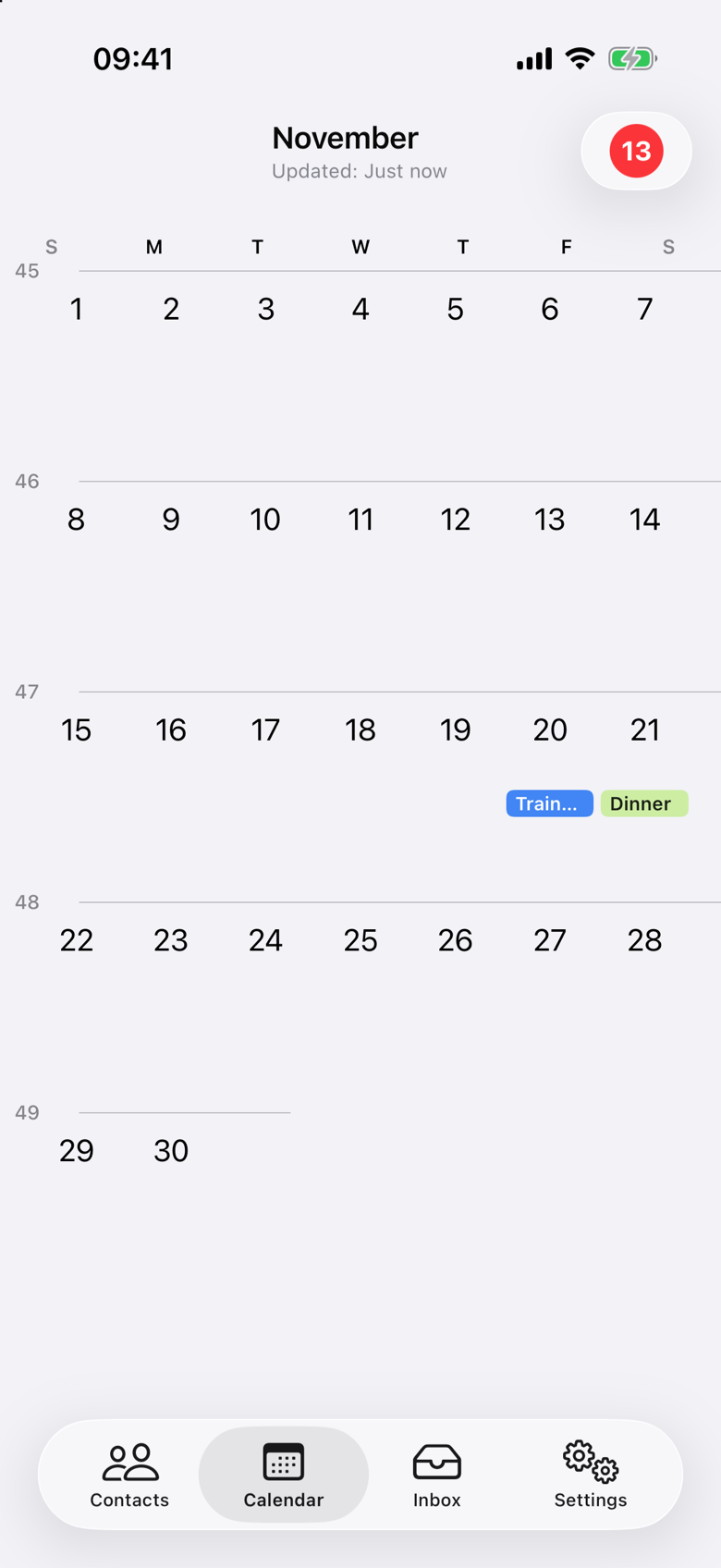 November calendar. Friday the 20th has a blue chip reading Train... and Saturday the 21st has a green chip reading Dinner. Neither chip shows an acceptance label.