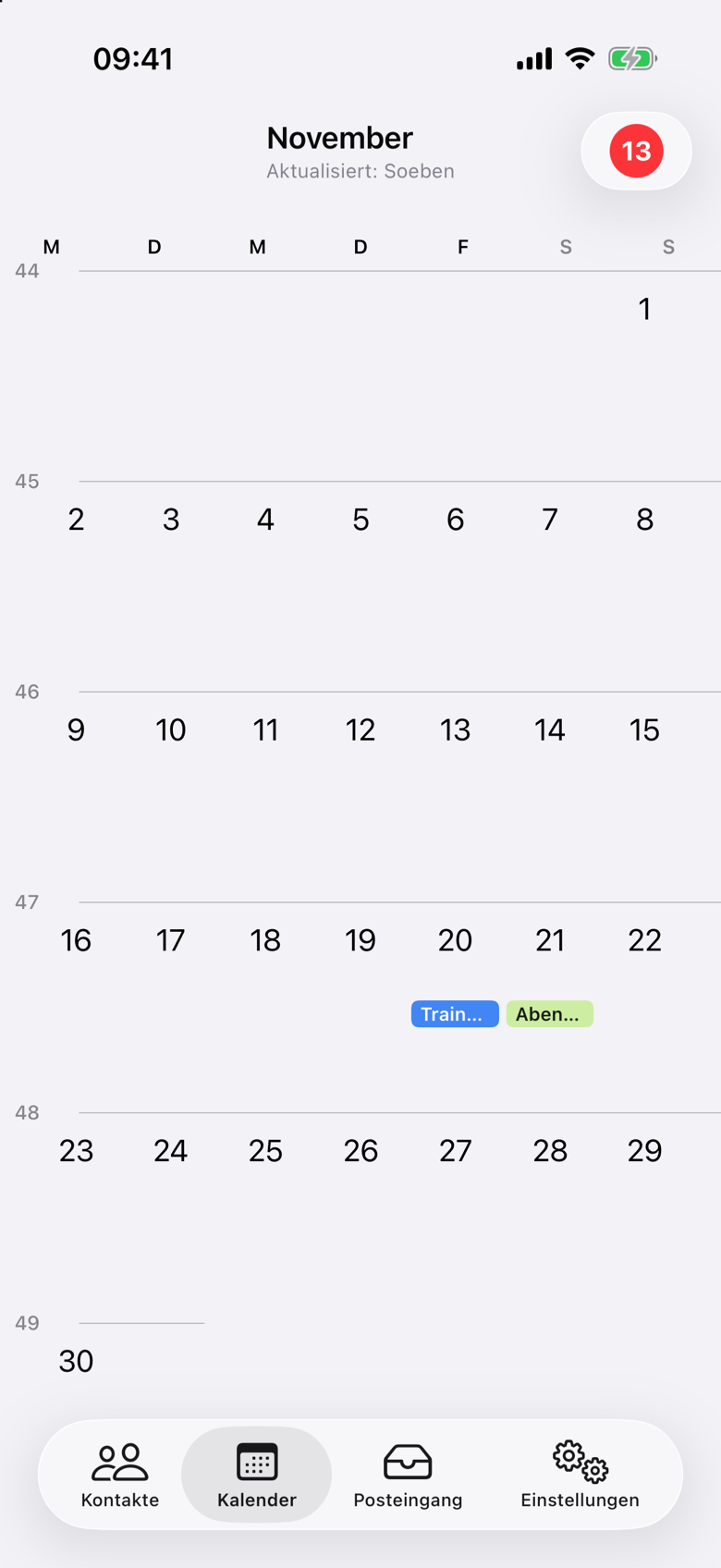Kalender für November. Am Freitag, dem 20., steht ein blauer Chip mit Train..., am Samstag, dem 21., ein grüner Chip mit Aben.... Keiner der Chips zeigt eine Annahme.