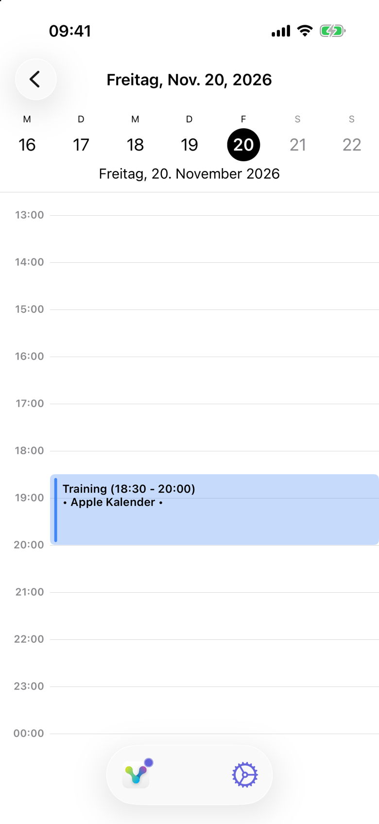 Freitag, 20. November 2026 im Kalender von Max. Training läuft von 18:30 bis 20:00 Uhr und ist als Apple Kalender gekennzeichnet.