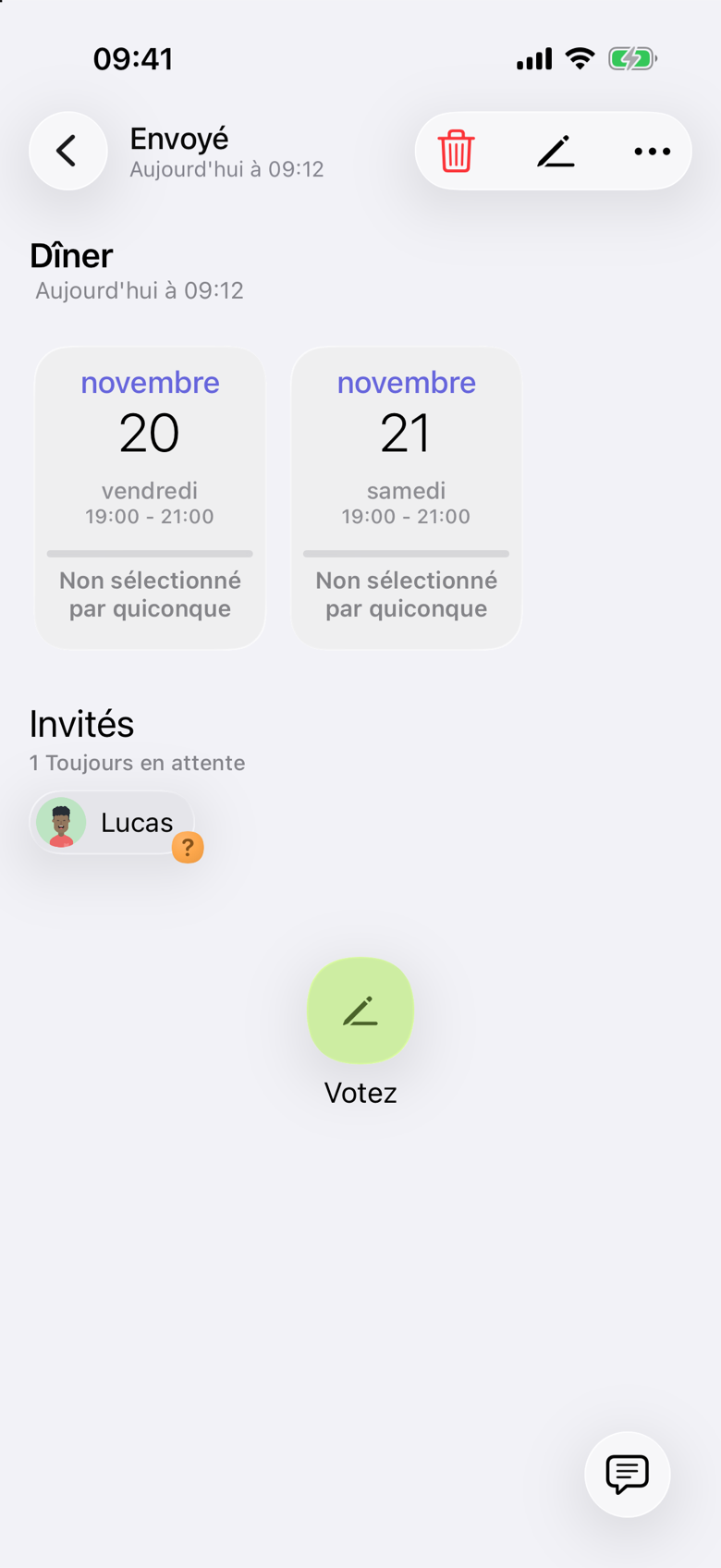 Sondage Dîner. Vendredi 20 novembre et samedi 21 novembre, de 19:00 à 21:00, chacun marqué Non sélectionné par quiconque. Lucas figure sous Invités, avec 1 Toujours en attente.