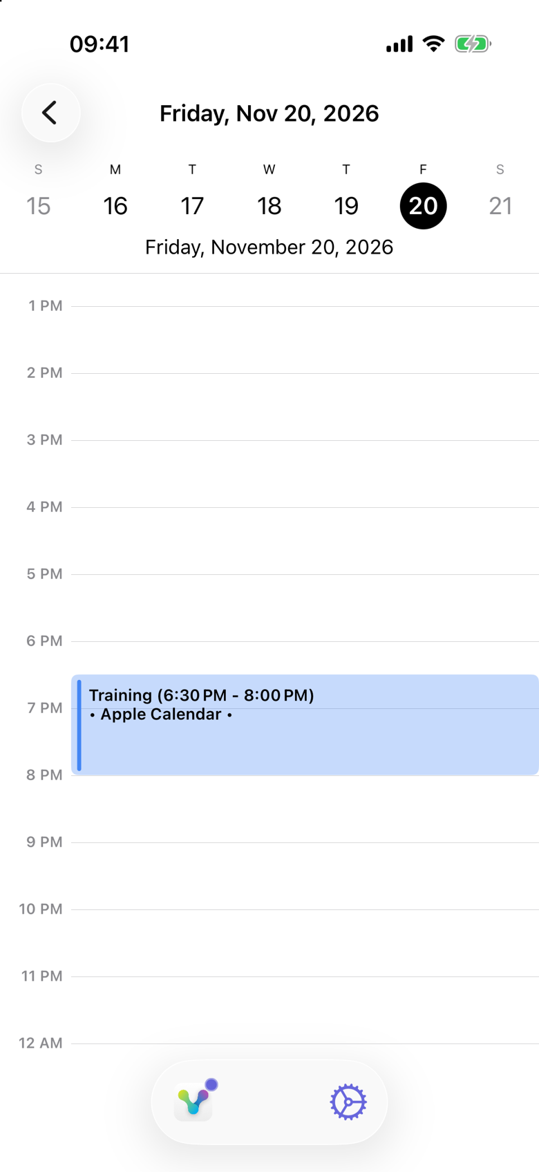 Friday, November 20, 2026 on Jack’s calendar. Training runs from 6:30 PM to 8:00 PM and is labeled Apple Calendar.