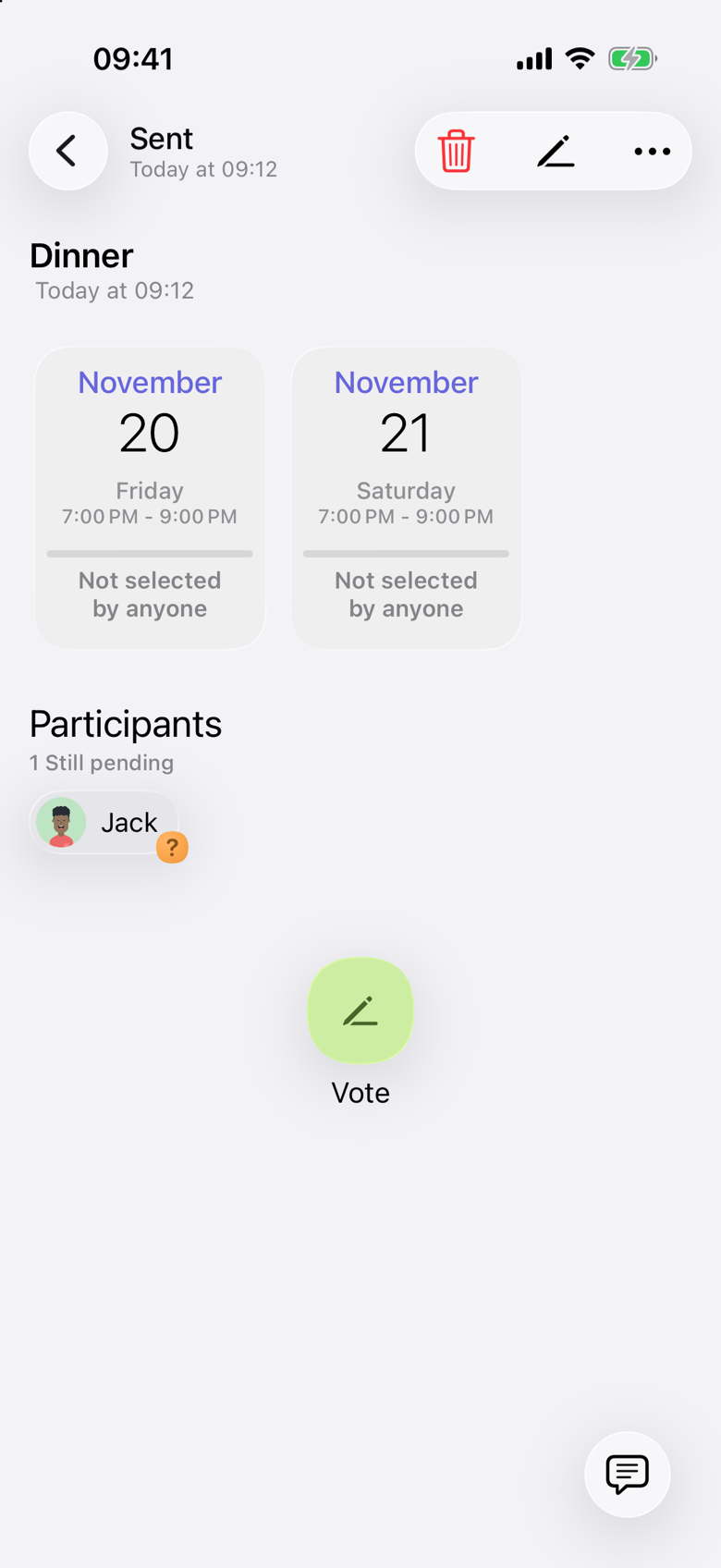 Dinner time poll. Friday, November 20 and Saturday, November 21, both 7:00 PM to 9:00 PM, each marked Not selected by anyone. Jack is listed under Participants as still pending.