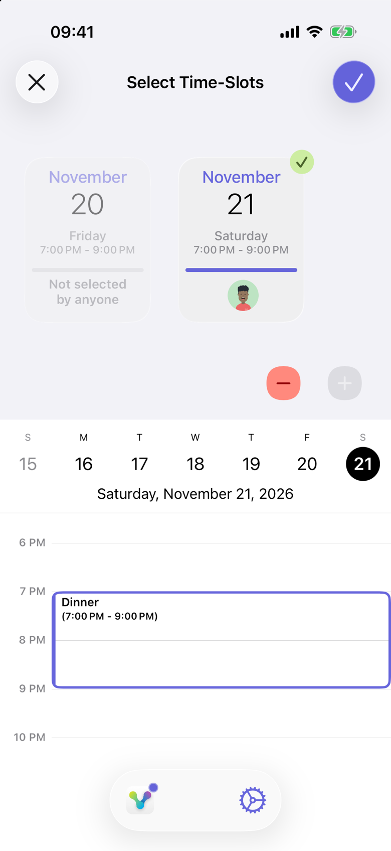 Select Time-Slots for Dinner. Saturday, November 21, 7:00 PM to 9:00 PM, has a green checkmark and Jack’s photo. Friday, November 20 says Not selected by anyone. The timeline shows Dinner from 7:00 PM to 9:00 PM on Saturday.