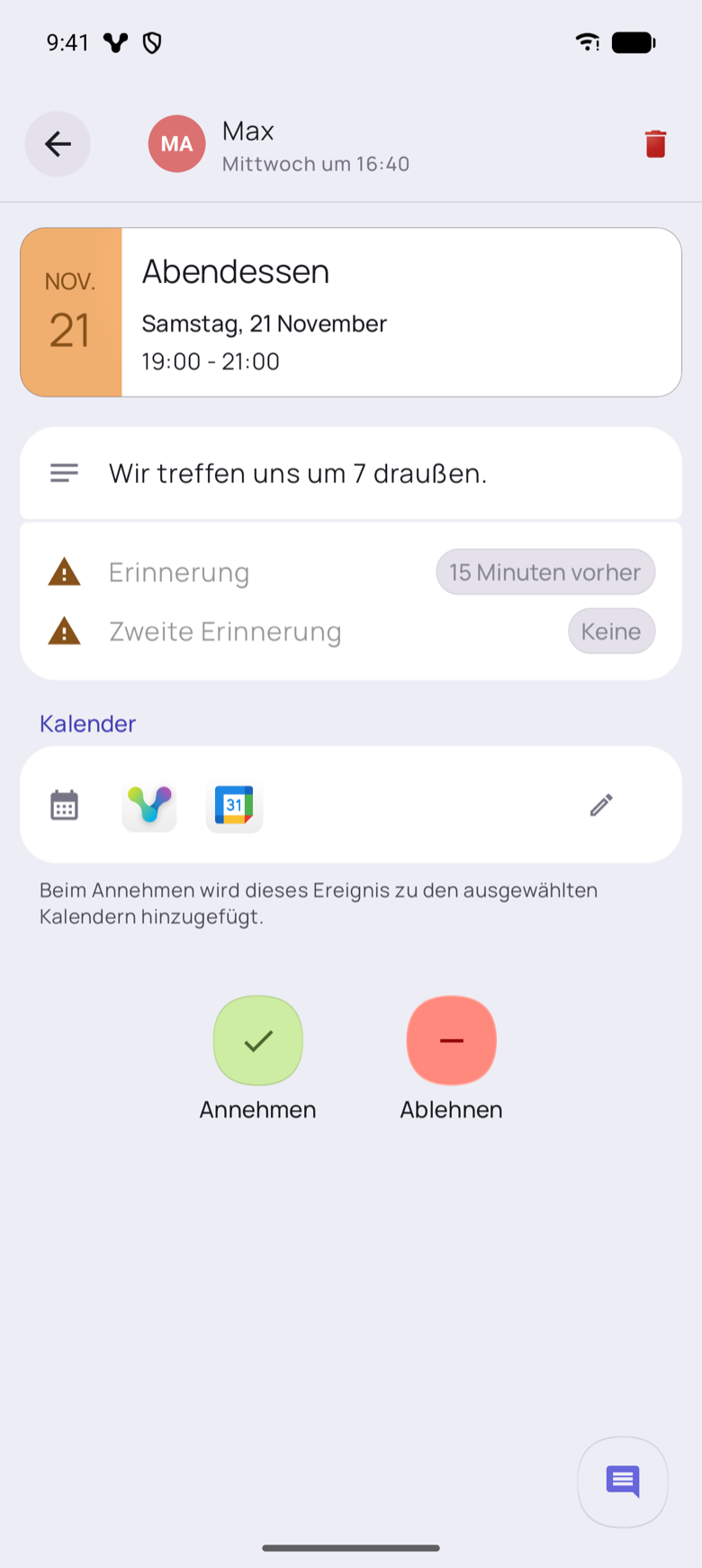 Lauras Android-Handy mit der Einladung zum Abendessen am Samstag, 21. November, 19:00 bis 21:00 Uhr, mit Annehmen und Ablehnen.