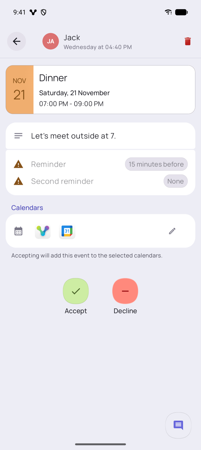 Emma’s Android phone showing the incoming Dinner invitation for Saturday 21 November, 7:00 PM to 9:00 PM, with Accept and Decline.