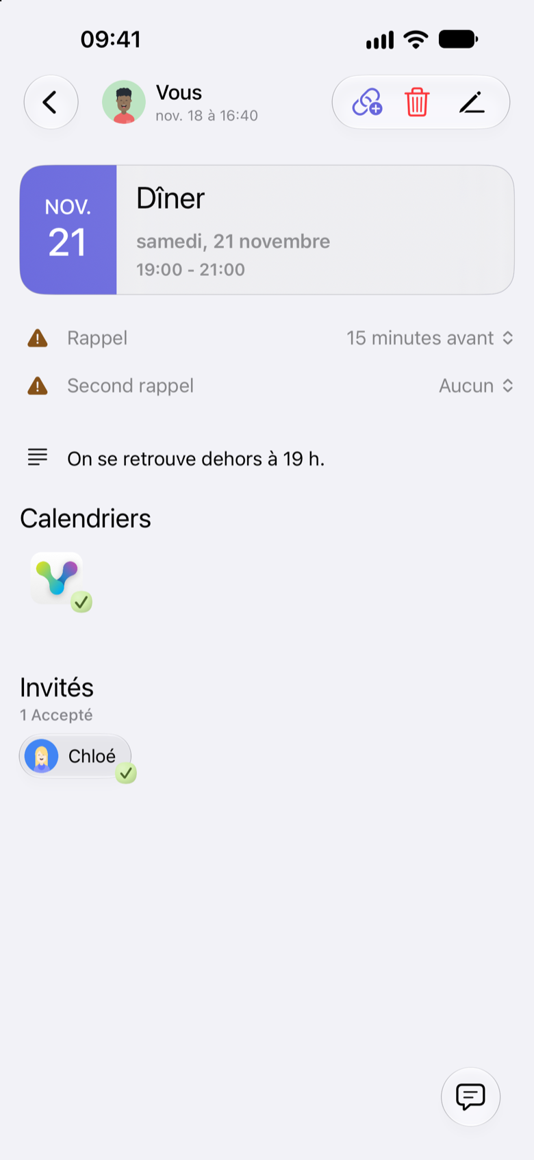 iPhone de Lucas après l’acceptation de Chloé, avec une coche verte à côté de son nom et le résumé 1 Accepté.