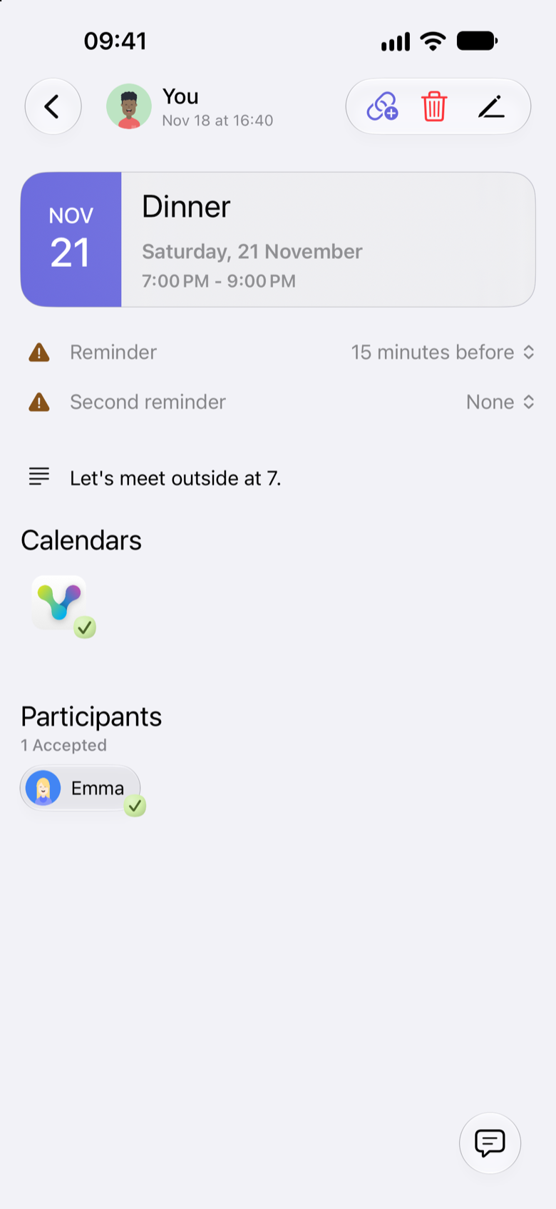 Jack’s iPhone showing the Dinner event after Emma accepts, with a green check beside her name and the summary 1 Accepted.
