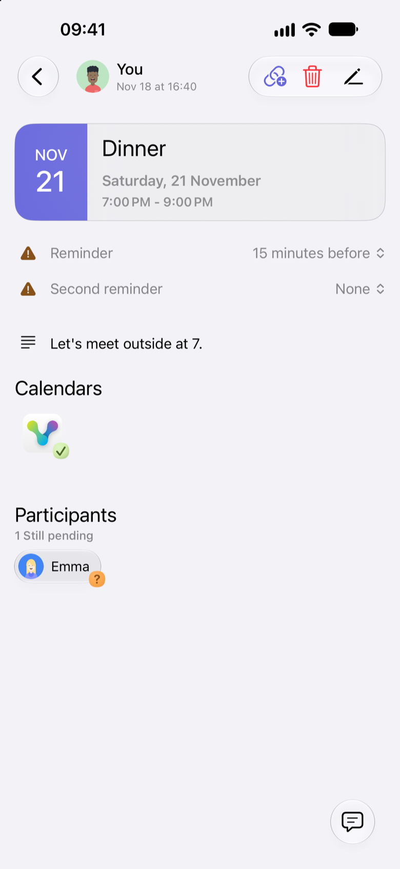Jack’s iPhone showing a Dinner event on Saturday 21 November from 7:00 PM to 9:00 PM, with Emma still pending.