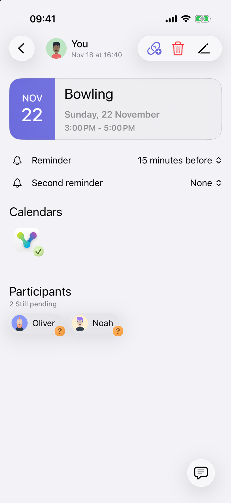 Bowling on Sunday 22 November, 3:00 PM to 5:00 PM. Oliver and Noah are listed under Participants and are still pending. Emma is not on this event.