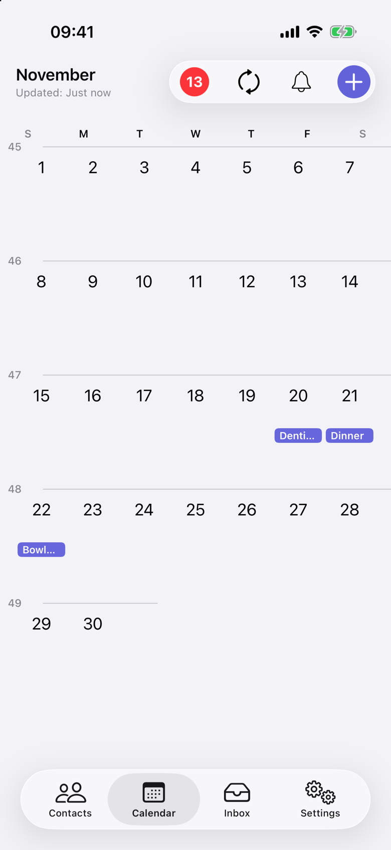 November calendar in VerbinderApp. Friday the 20th shows a chip labeled Denti…, Saturday the 21st shows Dinner, and Sunday the 22nd shows Bowl….