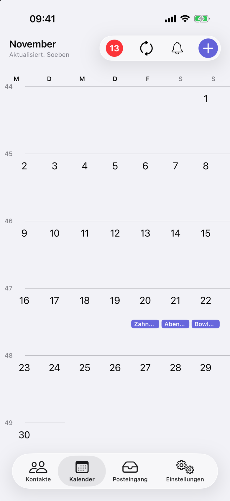 November-Kalender in VerbinderApp. Freitag der 20. zeigt Zahn…, Samstag der 21. Aben… und Sonntag der 22. Bowl….