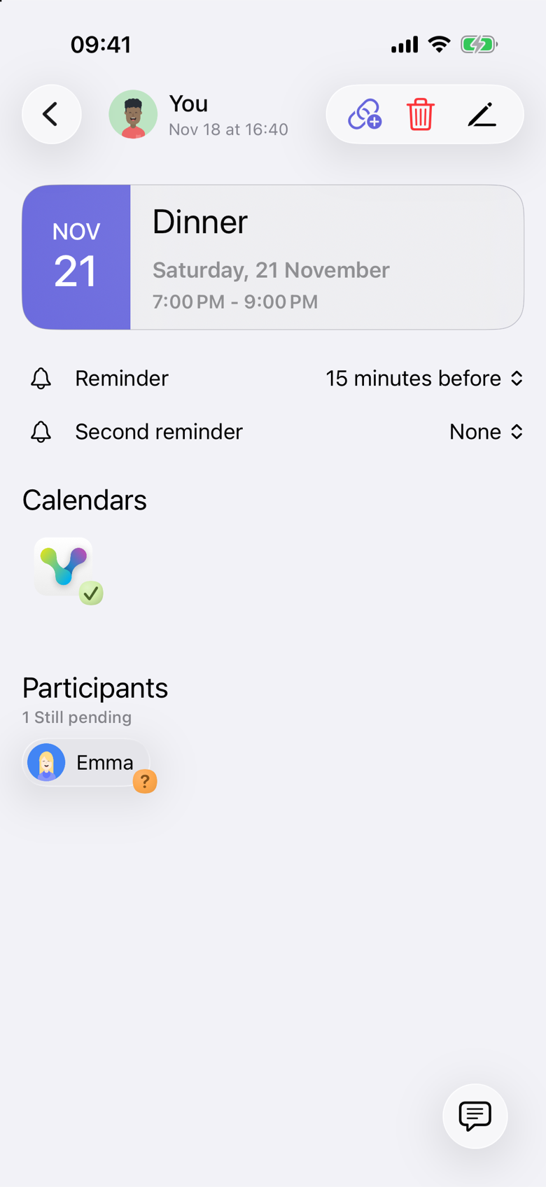 Dinner on Saturday 21 November, 7:00 PM to 9:00 PM. The signed-in organizer is shown as You. Emma is listed under Participants and is still pending.