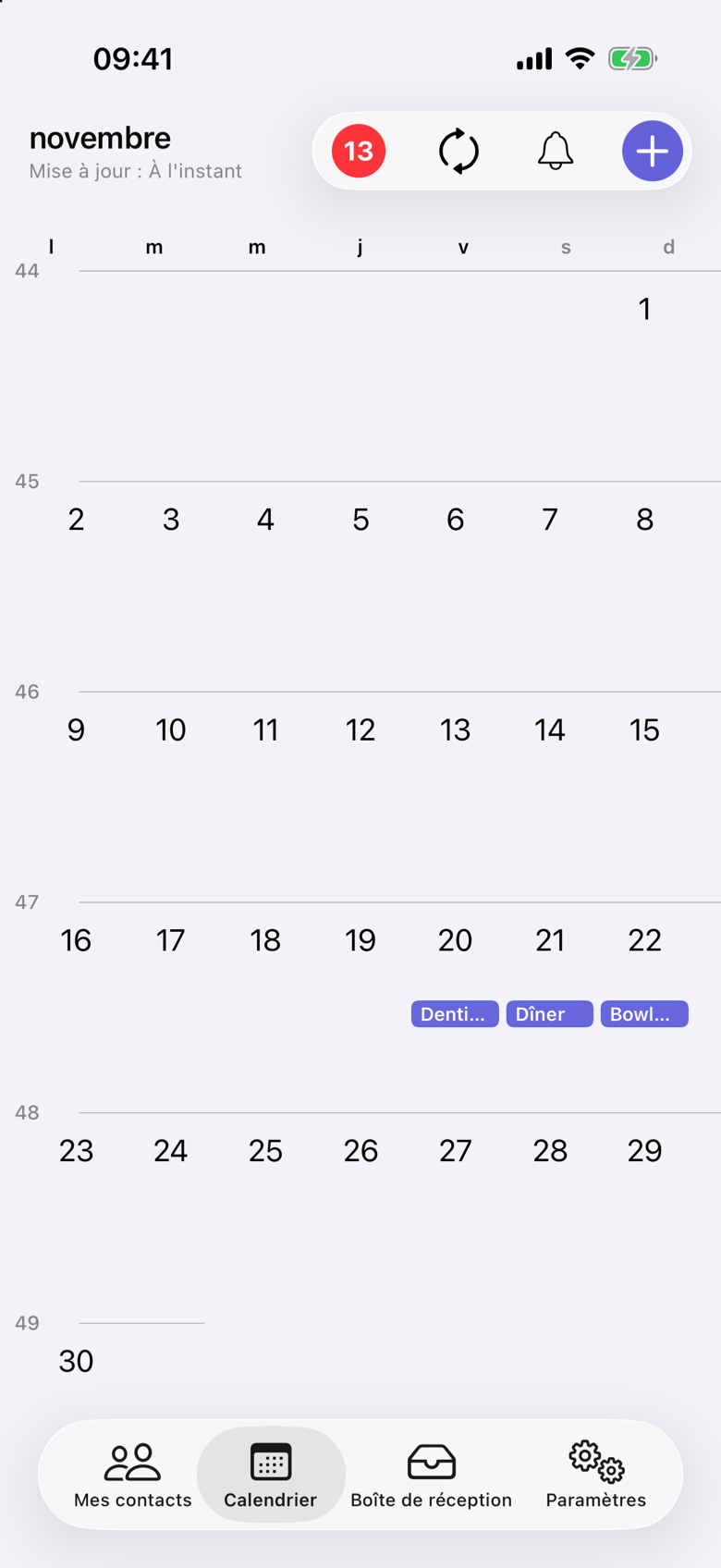 Calendrier de novembre dans VerbinderApp. Le vendredi 20 affiche Denti…, le samedi 21 Dîner et le dimanche 22 Bowl….