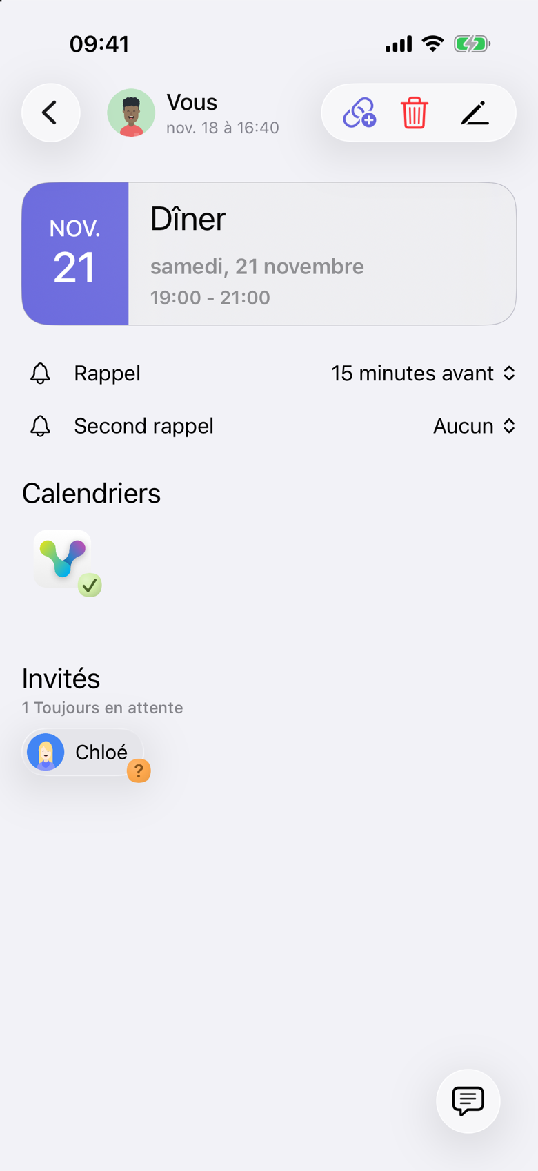 Dîner le samedi 21 novembre, de 19:00 à 21:00. L’organisateur connecté apparaît comme Vous. Chloé figure dans Invités, 1 Toujours en attente.