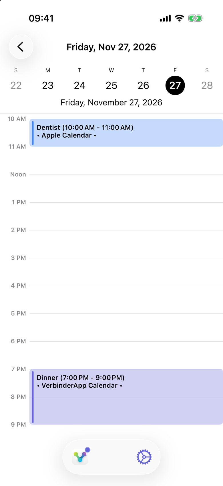 Friday, November 27, 2026. Dentist from 10:00 AM to 11:00 AM is labeled Apple Calendar. Dinner from 7:00 PM to 9:00 PM is labeled VerbinderApp Calendar.