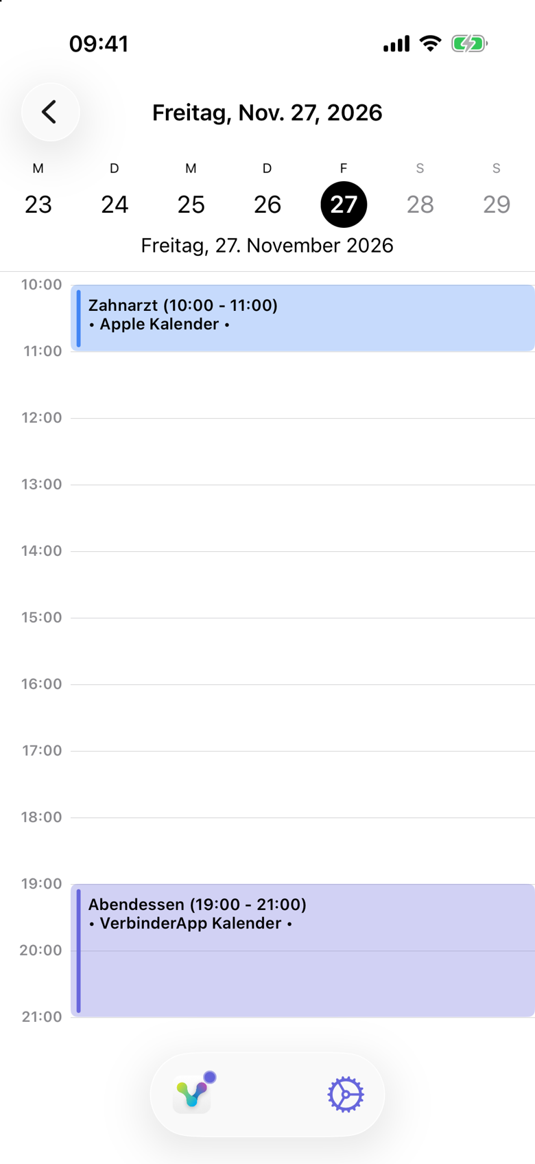 Freitag, 27. November 2026. Zahnarzt von 10:00 bis 11:00 ist mit Apple Kalender beschriftet. Abendessen von 19:00 bis 21:00 ist mit VerbinderApp Kalender beschriftet.