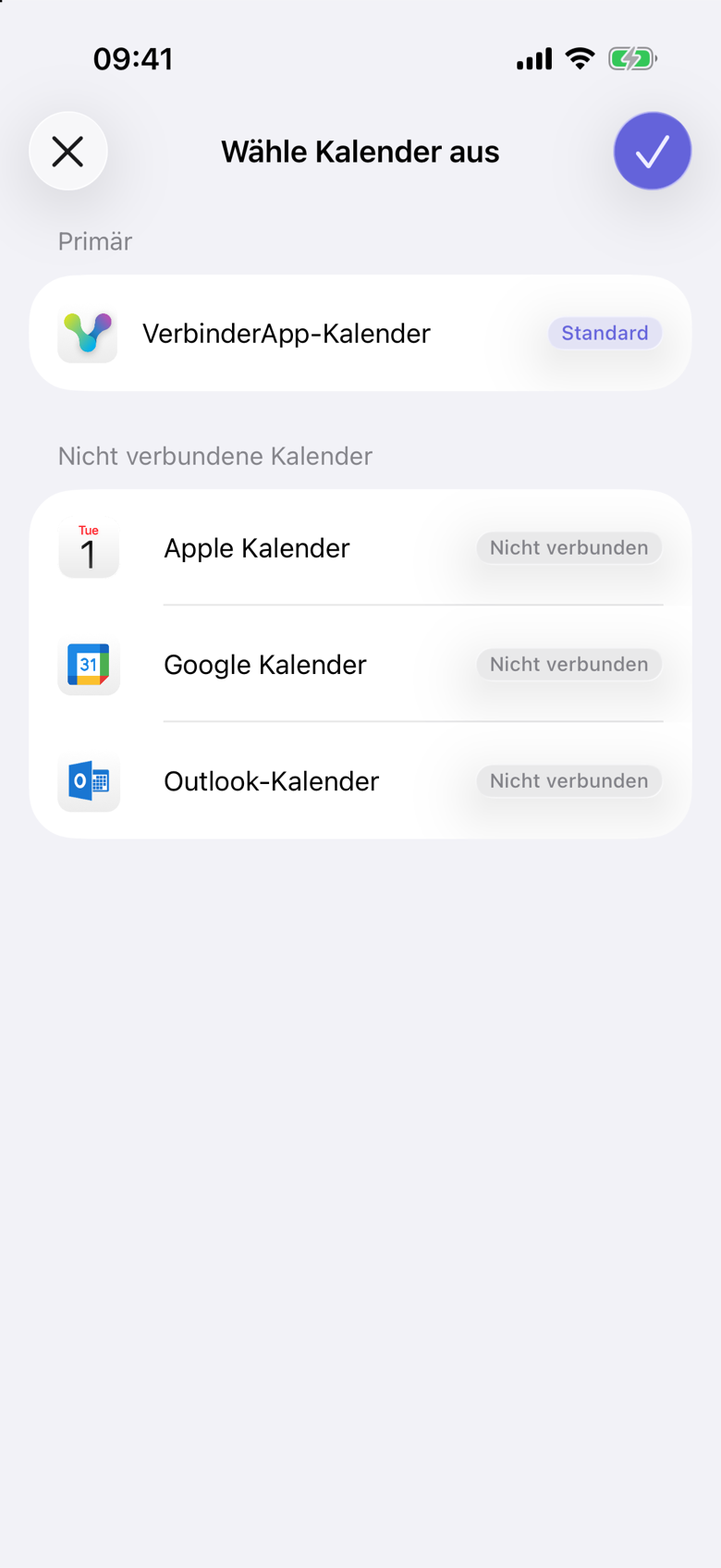 Wähle Kalender aus auf dem iPhone. VerbinderApp-Kalender steht unter Primär und ist mit Standard markiert. Apple Kalender, Google Kalender und Outlook-Kalender stehen auf Nicht verbunden.