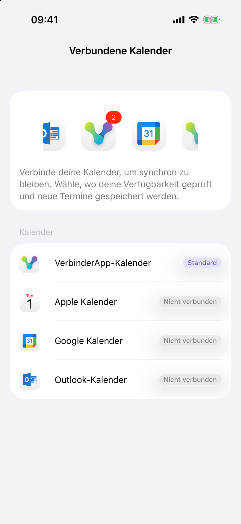 Verbundene Kalender auf dem iPhone. VerbinderApp-Kalender ist mit Standard markiert. Apple Kalender, Google Kalender und Outlook-Kalender stehen jeweils auf Nicht verbunden.